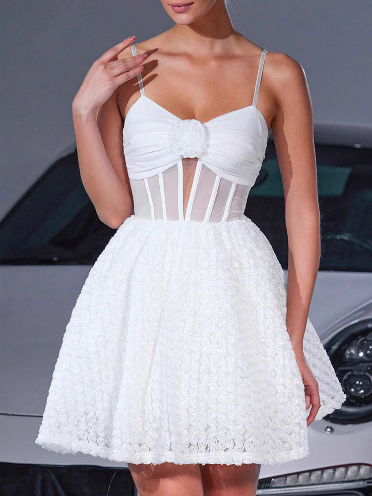 White Mini Slip Dress With Flower Decoration And Sheer Waist 2026