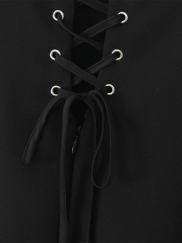Black Strap Flared Mini Dress With Lace-up Back 2026