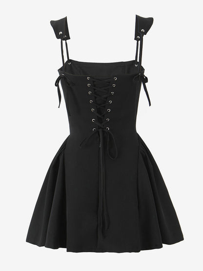 Black Strap Flared Mini Dress With Lace-up Back 2026