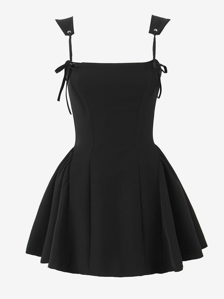 Black Strap Flared Mini Dress With Lace-up Back 2026