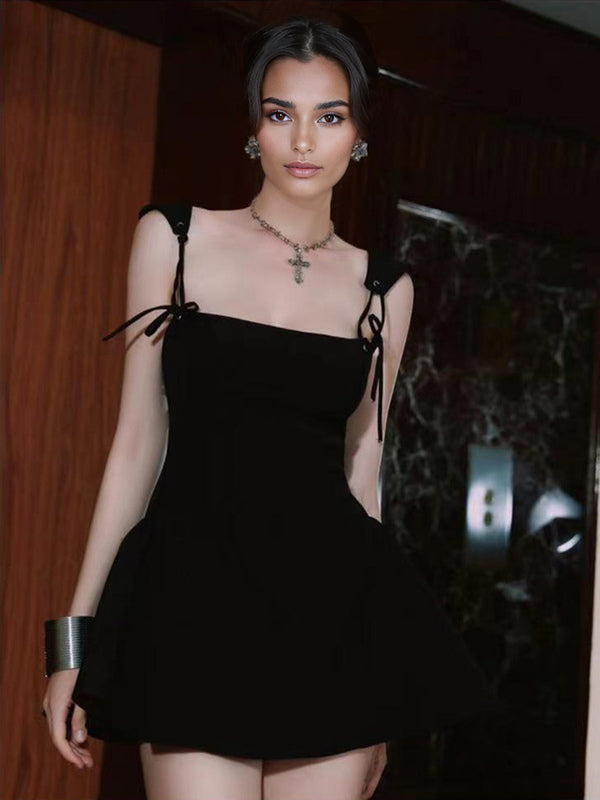 Black Strap Flared Mini Dress With Lace-up Back 2026