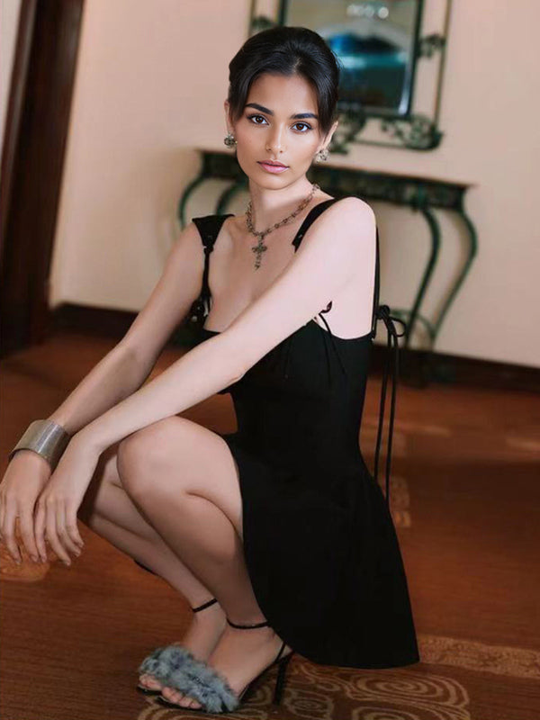Black Strap Flared Mini Dress With Lace-up Back 2026