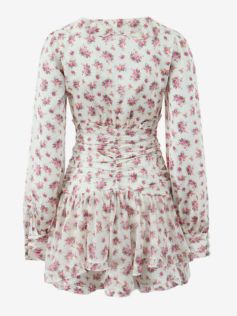 Pink Floral Print V-Neck Long Sleeve Mini Dress For Summer 2026