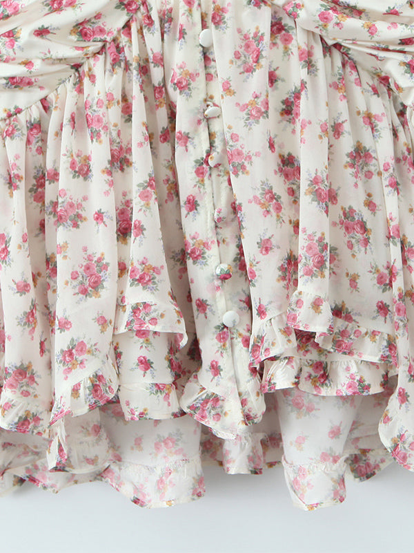 Pink Floral Print V-Neck Long Sleeve Mini Dress For Summer 2026
