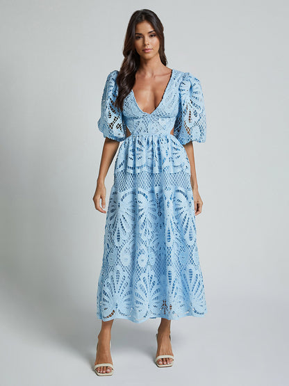 Eyelet Lace Long Tea Dress for Women - Deep V Neck Puff Sleeve A Line Prom Gown - Summer Wedding Guest 2026