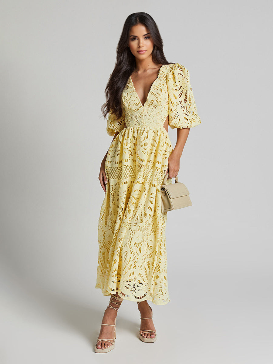 Eyelet Lace Long Tea Dress for Women - Deep V Neck Puff Sleeve A Line Prom Gown - Summer Wedding Guest 2026