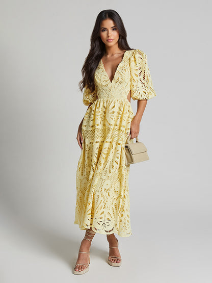 Eyelet Lace Long Tea Dress for Women - Deep V Neck Puff Sleeve A Line Prom Gown - Summer Wedding Guest 2026