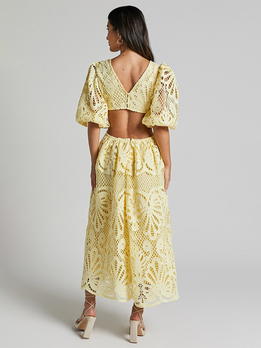Eyelet Lace Long Tea Dress for Women - Deep V Neck Puff Sleeve A Line Prom Gown - Summer Wedding Guest 2026
