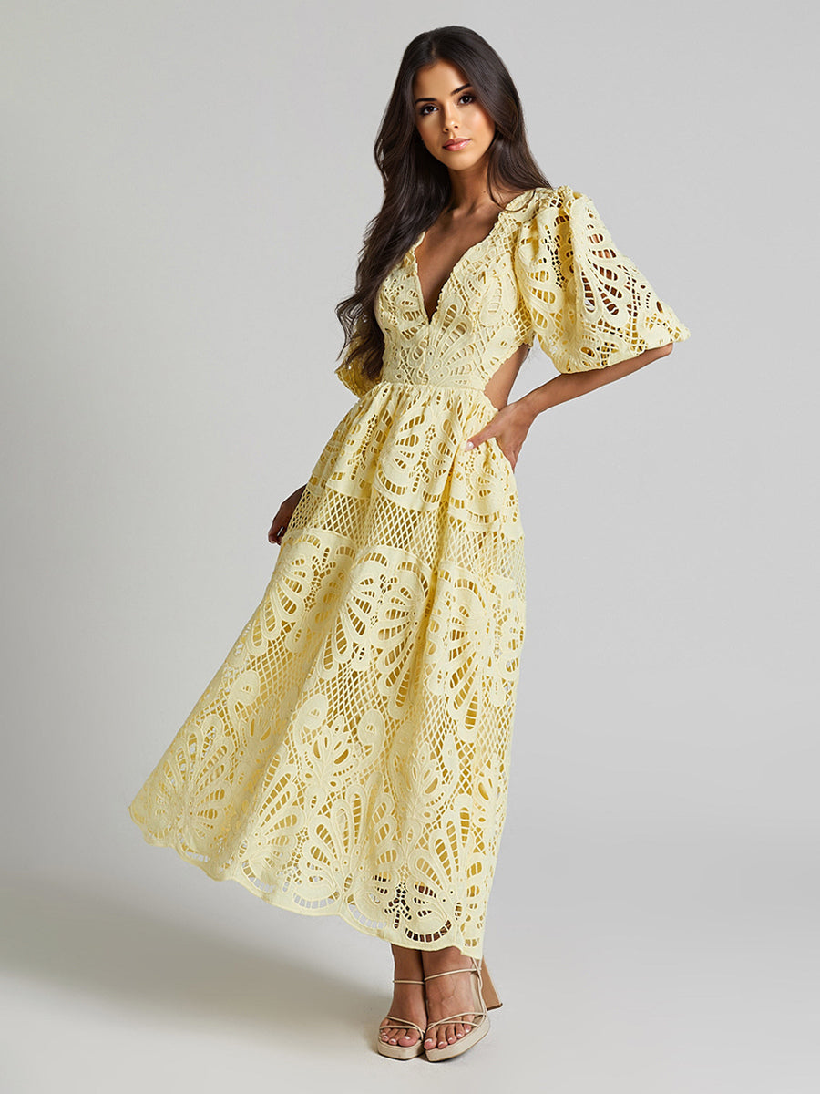 Eyelet Lace Long Tea Dress for Women - Deep V Neck Puff Sleeve A Line Prom Gown - Summer Wedding Guest 2026