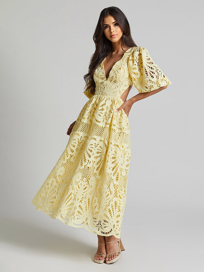 Eyelet Lace Long Tea Dress for Women - Deep V Neck Puff Sleeve A Line Prom Gown - Summer Wedding Guest 2026