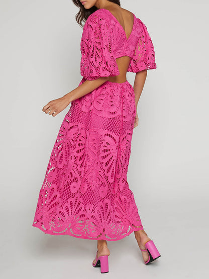 Eyelet Lace Long Tea Dress for Women - Deep V Neck Puff Sleeve A Line Prom Gown - Summer Wedding Guest 2026