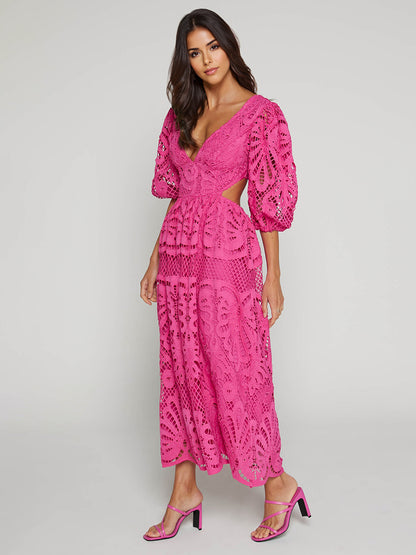 Eyelet Lace Long Tea Dress for Women - Deep V Neck Puff Sleeve A Line Prom Gown - Summer Wedding Guest 2026