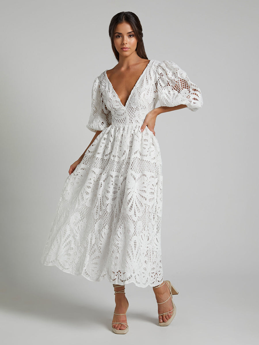 Eyelet Lace Long Tea Dress for Women - Deep V Neck Puff Sleeve A Line Prom Gown - Summer Wedding Guest 2026