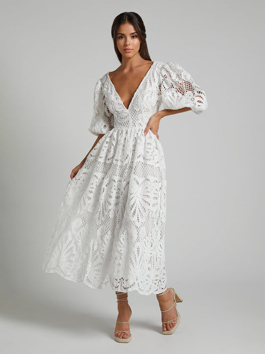Eyelet Lace Long Tea Dress for Women - Deep V Neck Puff Sleeve A Line Prom Gown - Summer Wedding Guest 2026