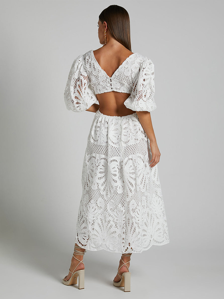 Eyelet Lace Long Tea Dress for Women - Deep V Neck Puff Sleeve A Line Prom Gown - Summer Wedding Guest 2026