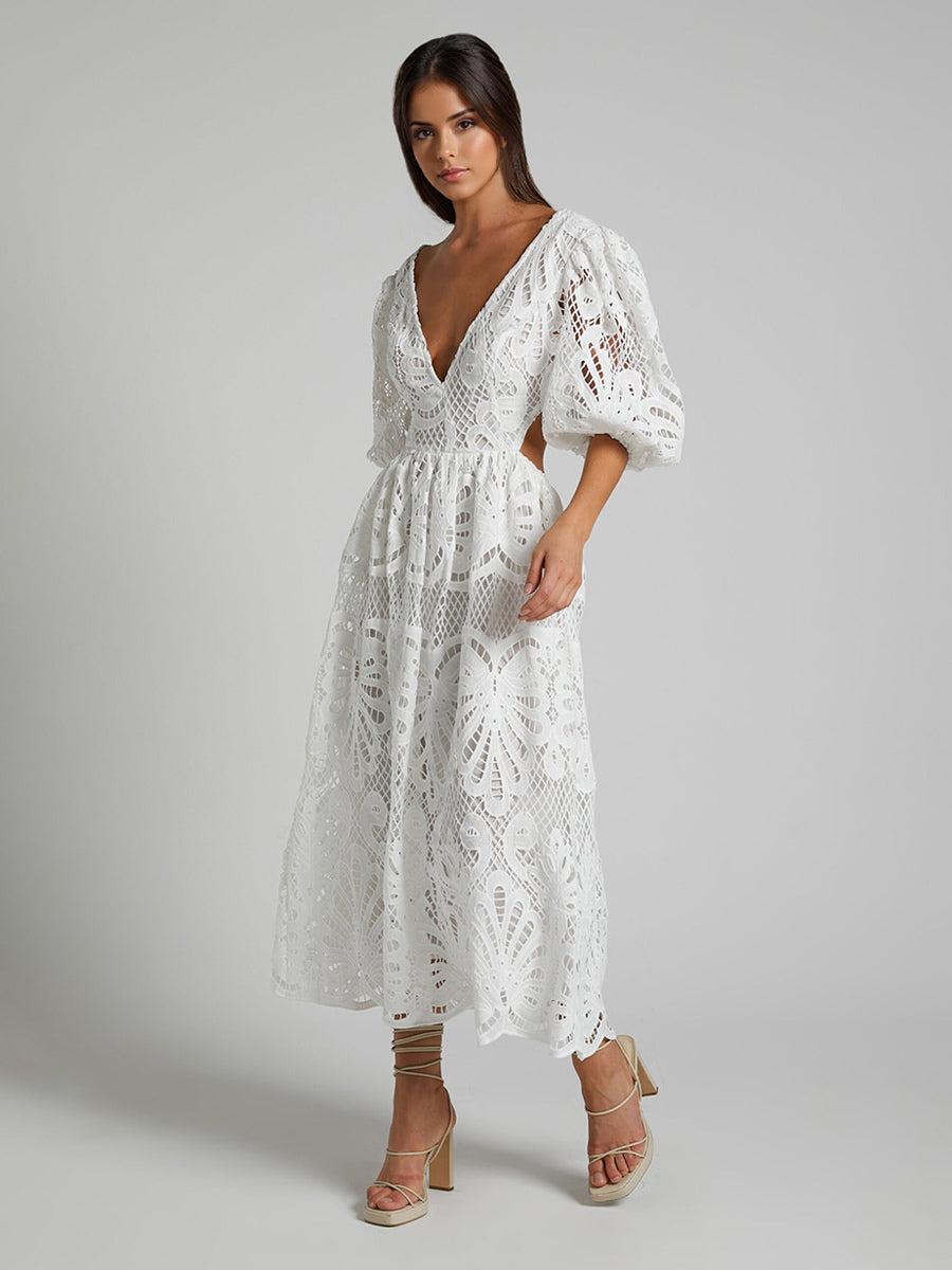 Eyelet Lace Long Tea Dress for Women - Deep V Neck Puff Sleeve A Line Prom Gown - Summer Wedding Guest 2026