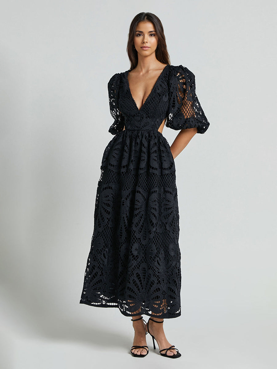 Eyelet Lace Long Tea Dress for Women - Deep V Neck Puff Sleeve A Line Prom Gown - Summer Wedding Guest 2026