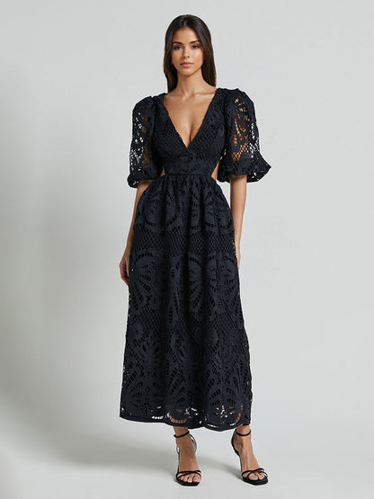 Eyelet Lace Long Tea Dress for Women - Deep V Neck Puff Sleeve A Line Prom Gown - Summer Wedding Guest 2026
