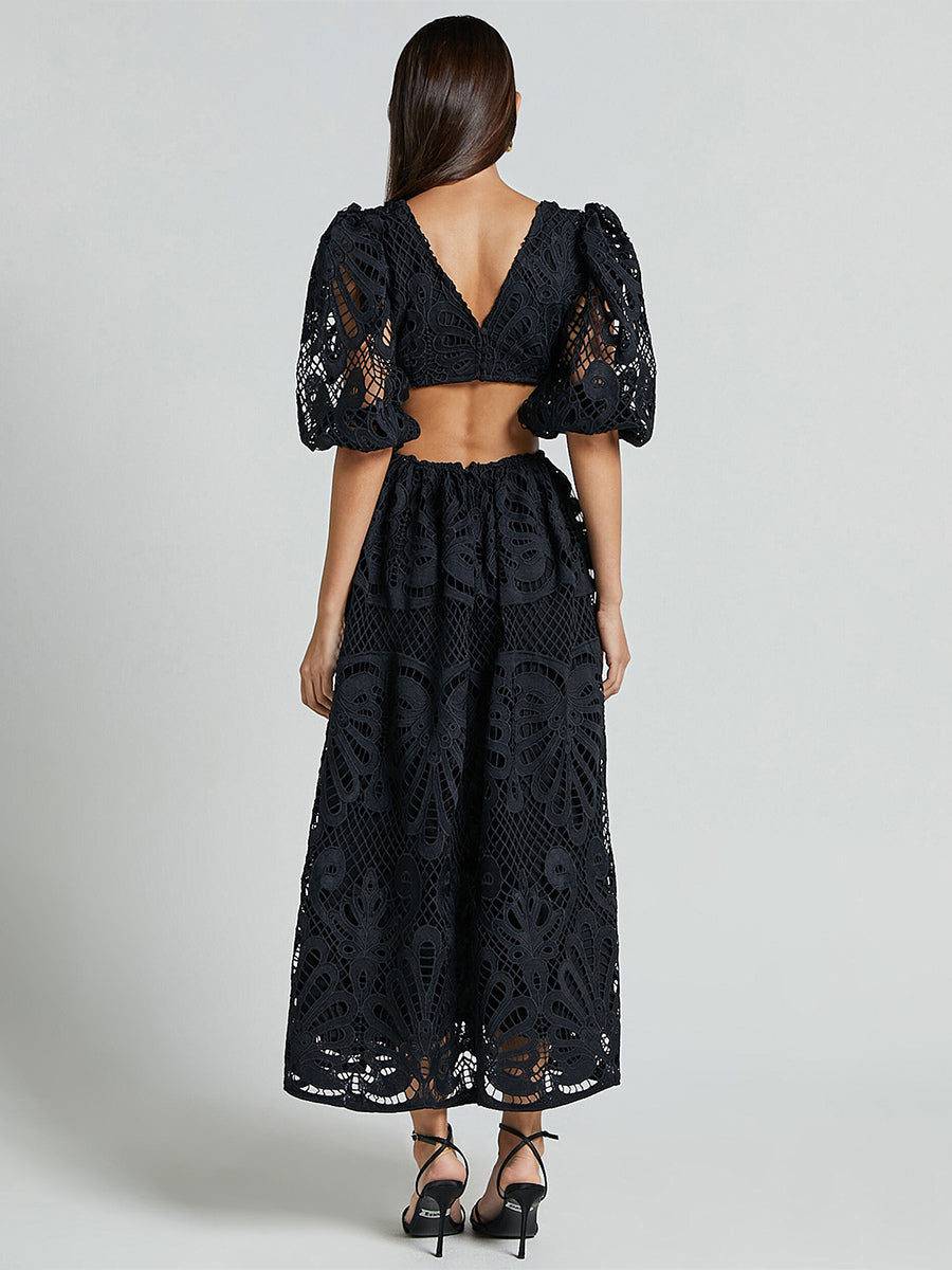 Eyelet Lace Long Tea Dress for Women - Deep V Neck Puff Sleeve A Line Prom Gown - Summer Wedding Guest 2026
