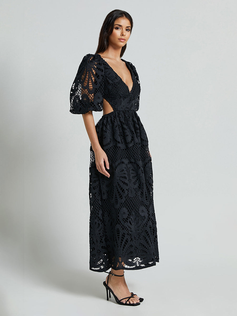 Eyelet Lace Long Tea Dress for Women - Deep V Neck Puff Sleeve A Line Prom Gown - Summer Wedding Guest 2026