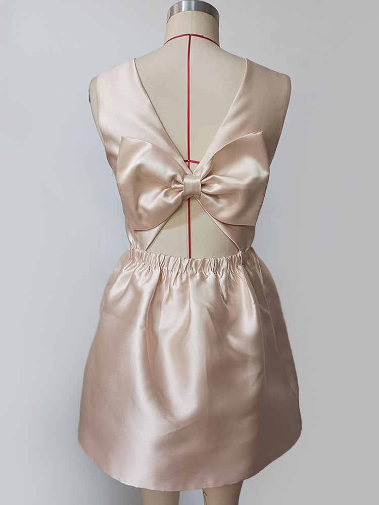 Champagne Sleeveless Satin Mini Party Dress With Bow Back 2026