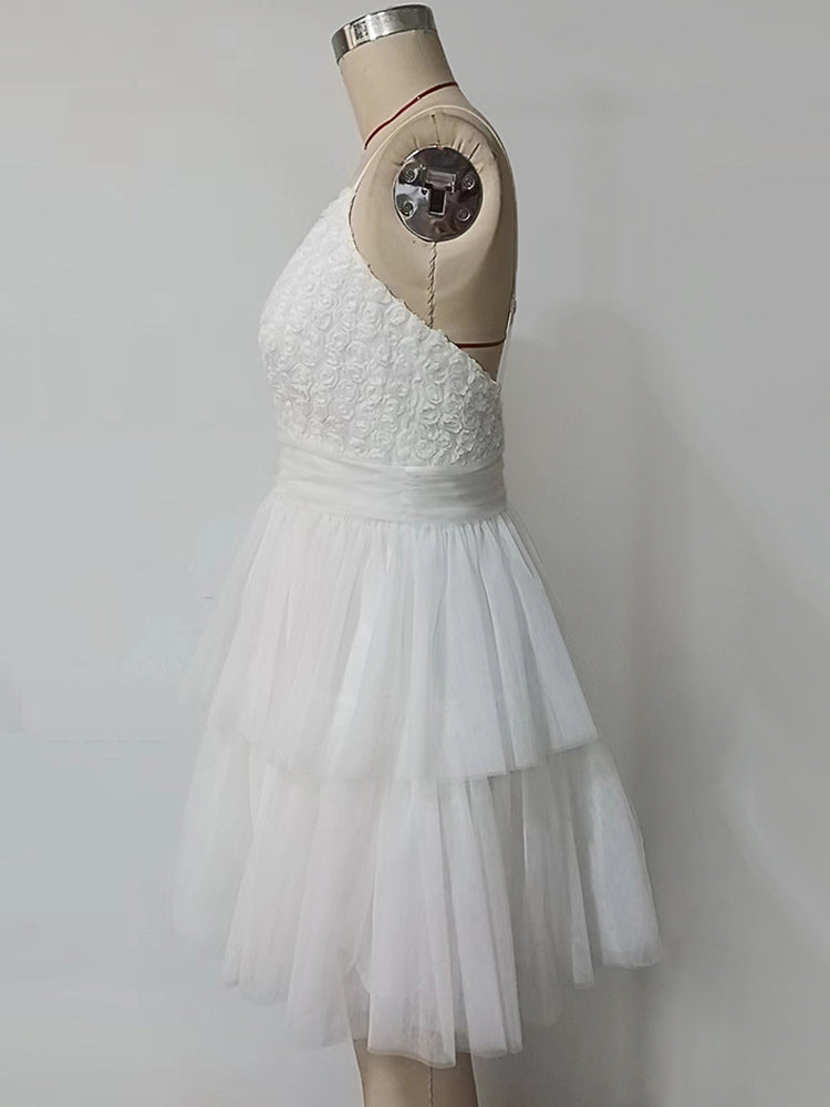 White V-Neck Mini Slip Dress With Flowers For Party 2026