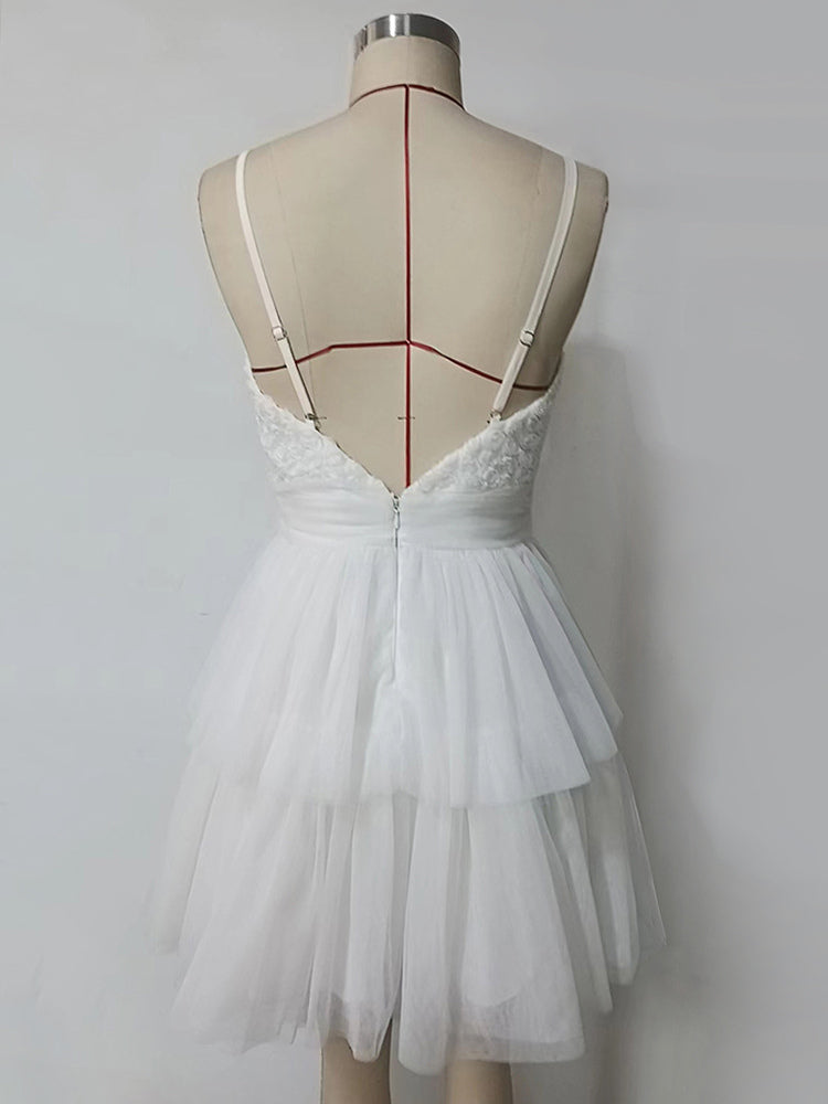 White V-Neck Mini Slip Dress With Flowers For Party 2026