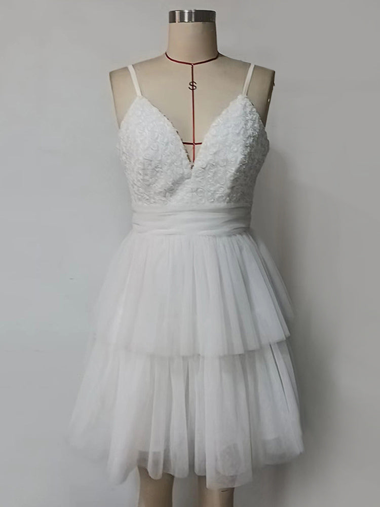White V-Neck Mini Slip Dress With Flowers For Party 2026