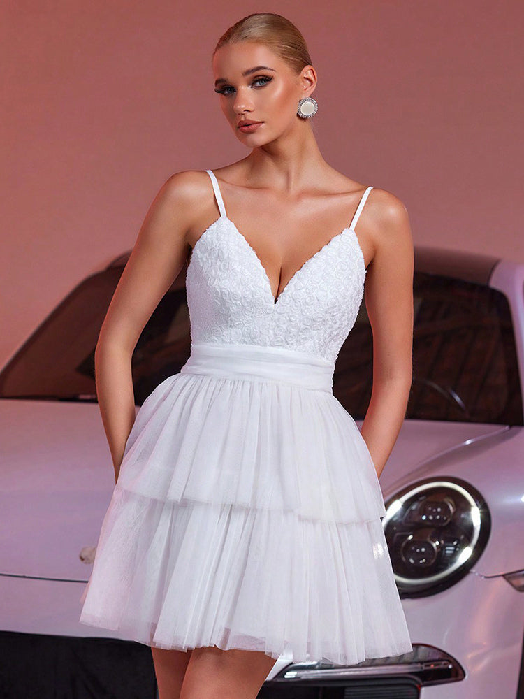 White V-Neck Mini Slip Dress With Flowers For Party 2026