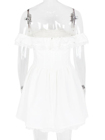 White Off-Shoulder Mini Dress With Ruffle Trim 2026