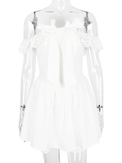 White Off-Shoulder Mini Dress With Ruffle Trim 2026