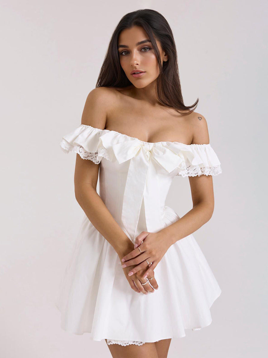 White Off-Shoulder Mini Dress With Ruffle Trim 2026