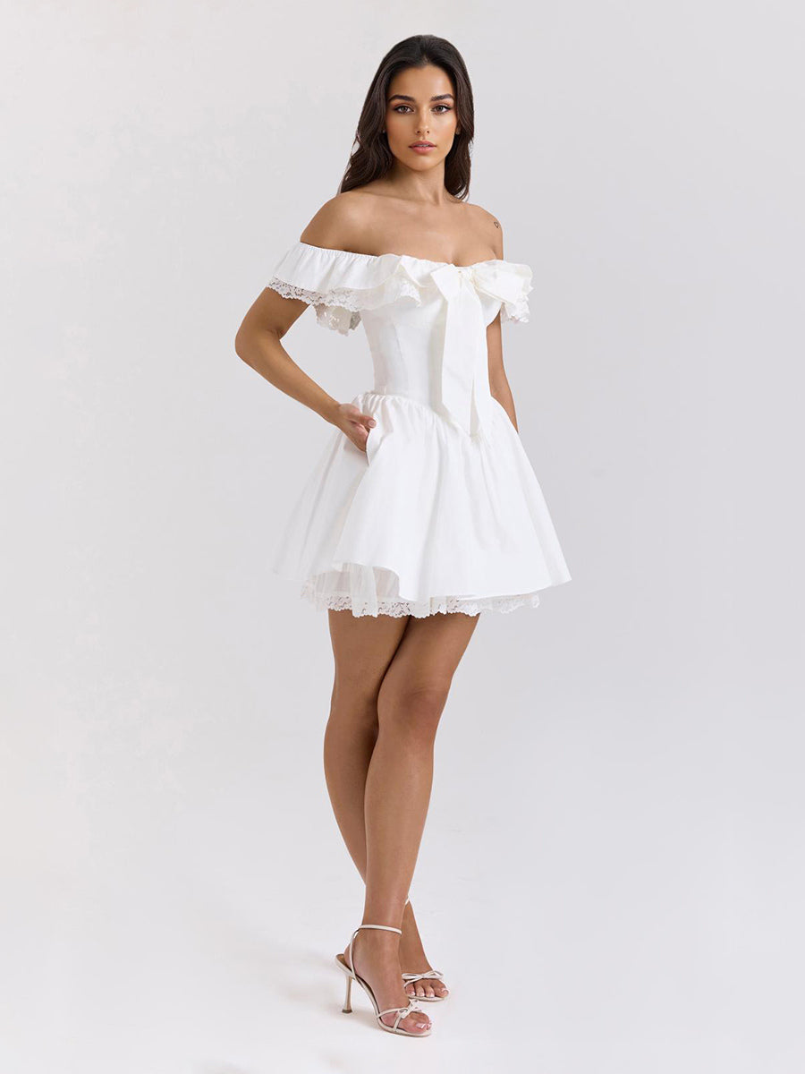 White Off-Shoulder Mini Dress With Ruffle Trim 2026
