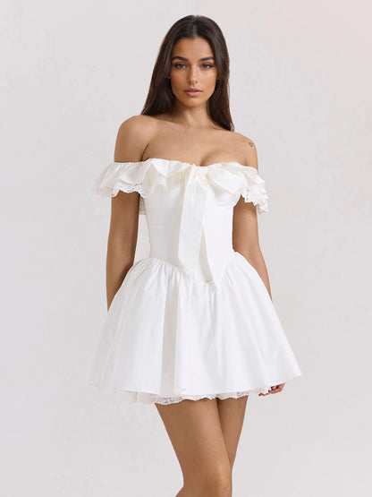 White Off-Shoulder Mini Dress With Ruffle Trim 2026
