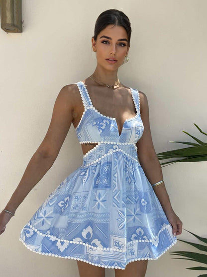 Cutout Waist Mini Sun Dress for Women - Boho Printed V Neck Sleeveless Flare Skater Dress - Summer Beach Party 2026
