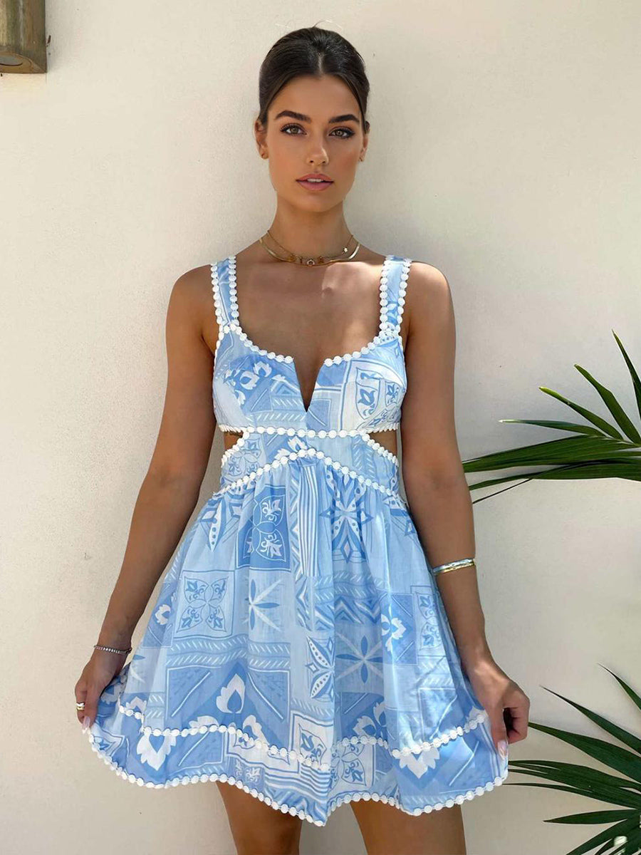Cutout Waist Mini Sun Dress for Women - Boho Printed V Neck Sleeveless Flare Skater Dress - Summer Beach Party 2026