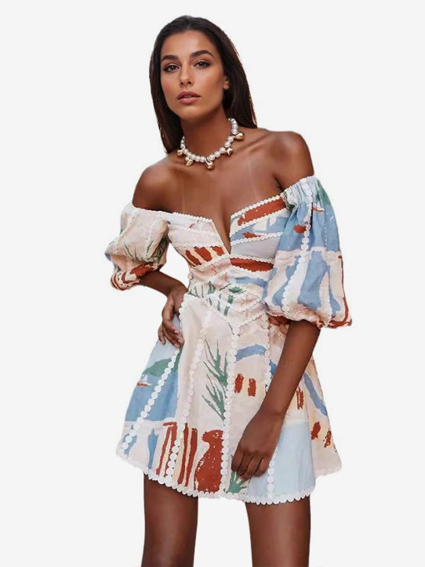 Off Shoulder Printed Mini Dress for Women - Puff Sleeve V Neck Lace Trim Fit and Flare Sundress - Summer Beach Party 2026