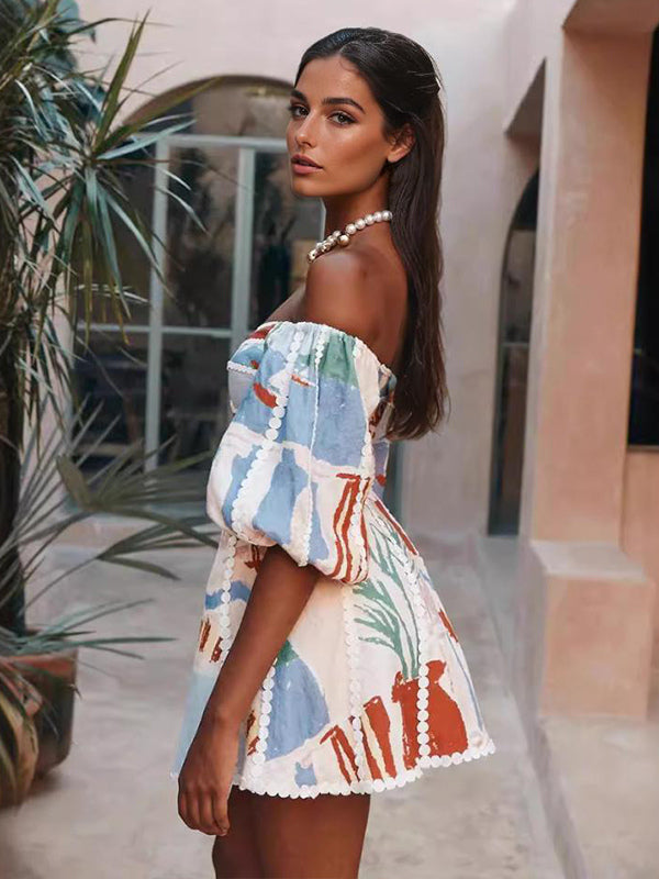 Off Shoulder Printed Mini Dress for Women - Puff Sleeve V Neck Lace Trim Fit and Flare Sundress - Summer Beach Party 2026