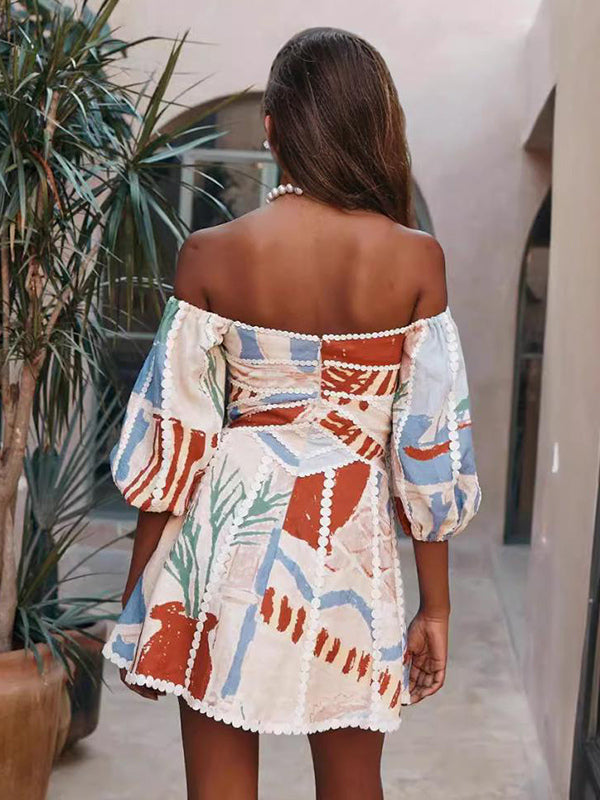 Off Shoulder Printed Mini Dress for Women - Puff Sleeve V Neck Lace Trim Fit and Flare Sundress - Summer Beach Party 2026