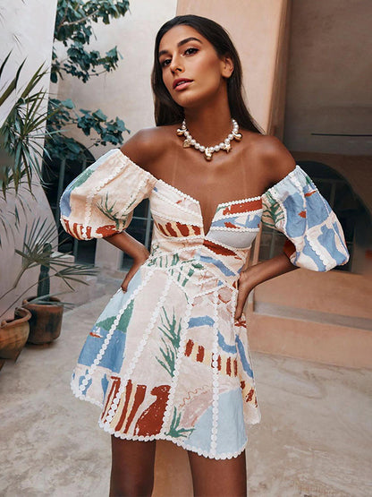 Off Shoulder Printed Mini Dress for Women - Puff Sleeve V Neck Lace Trim Fit and Flare Sundress - Summer Beach Party 2026