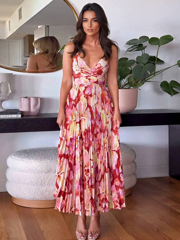 Pleated Floral Midi Sundress for Women - Boho V Neck Spaghetti Strap Fit and Flare A-line Dress - Summer Beach Resort 2026