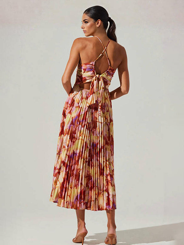 Pleated Floral Midi Sundress for Women - Boho V Neck Spaghetti Strap Fit and Flare A-line Dress - Summer Beach Resort 2026