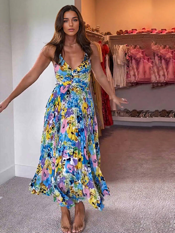 Pleated Floral Midi Sundress for Women - Boho V Neck Spaghetti Strap Fit and Flare A-line Dress - Summer Beach Resort 2026