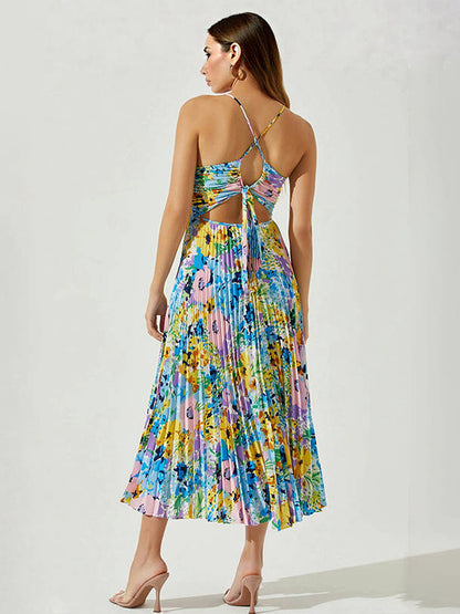 Pleated Floral Midi Sundress for Women - Boho V Neck Spaghetti Strap Fit and Flare A-line Dress - Summer Beach Resort 2026