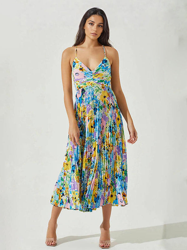 Pleated Floral Midi Sundress for Women - Boho V Neck Spaghetti Strap Fit and Flare A-line Dress - Summer Beach Resort 2026