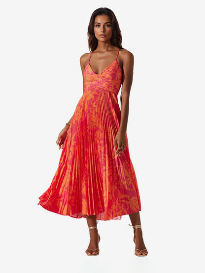 Pleated Floral Midi Sundress for Women - Boho V Neck Spaghetti Strap Fit and Flare A-line Dress - Summer Beach Resort 2026