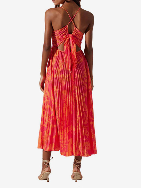 Pleated Floral Midi Sundress for Women - Boho V Neck Spaghetti Strap Fit and Flare A-line Dress - Summer Beach Resort 2026