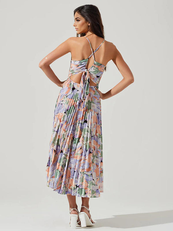 Pleated Floral Midi Sundress for Women - Boho V Neck Spaghetti Strap Fit and Flare A-line Dress - Summer Beach Resort 2026