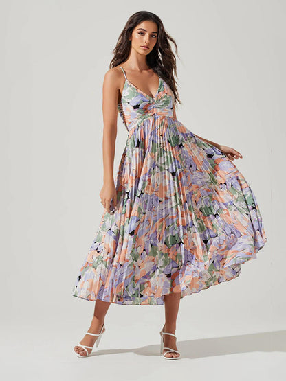 Pleated Floral Midi Sundress for Women - Boho V Neck Spaghetti Strap Fit and Flare A-line Dress - Summer Beach Resort 2026