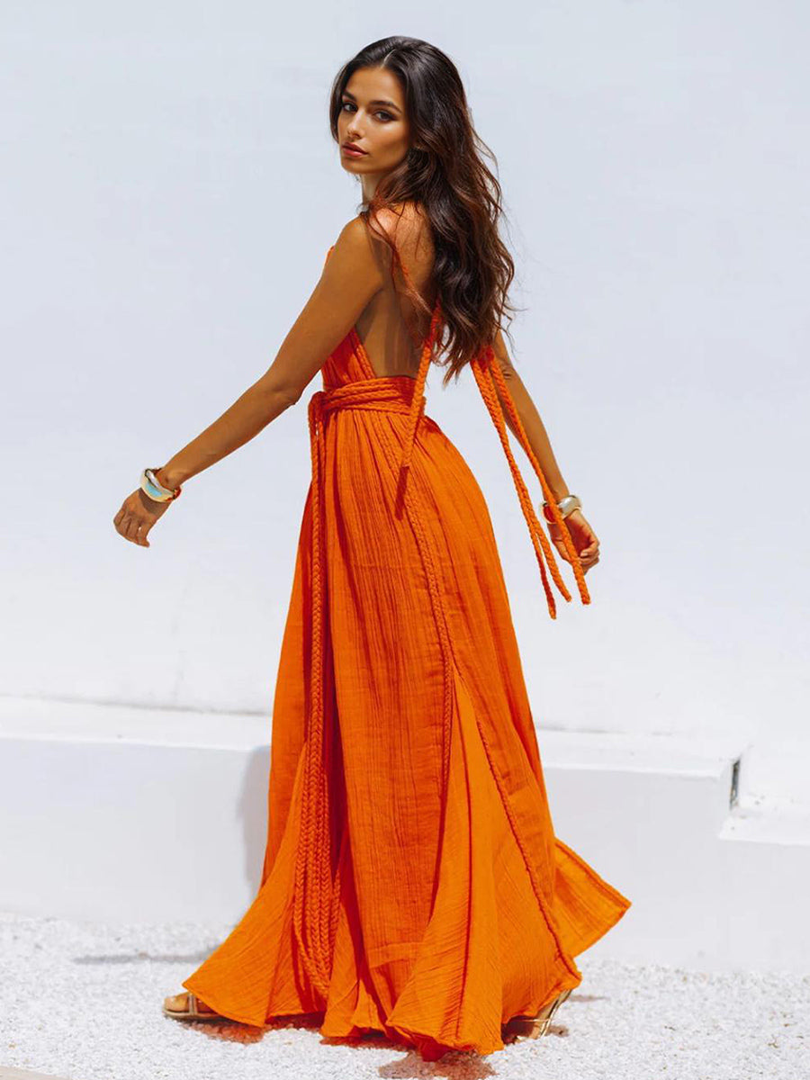 Boho Backless Maxi Dress for Women - Sexy Deep V Neck Halter Wrap Tie Waist Flowy Gown - Summer Beach Resort 2026